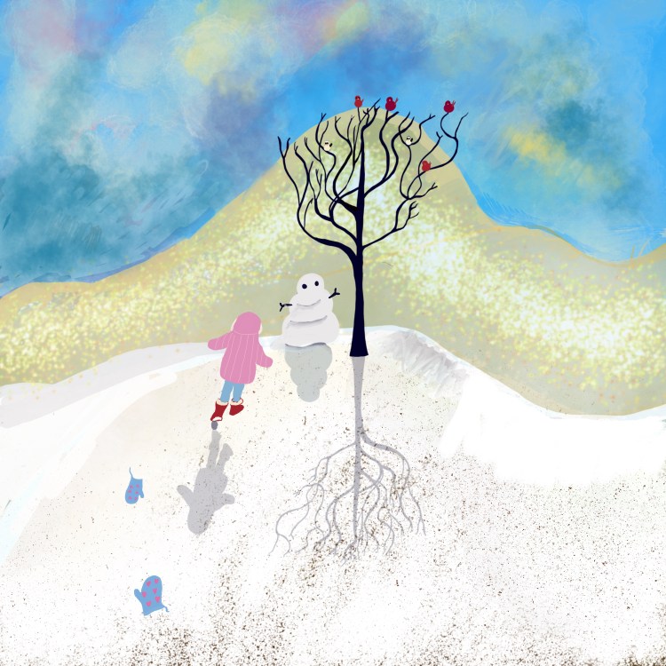 Young girl in a pink hooded jacket runninh in the snow toward a snowman and tree with birds.